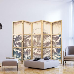 Paravent japonais - Turbulent Ocean - High Waves in Brown And Navy Colors on a Beige Background in Vintage Style