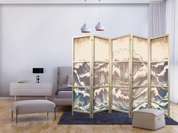 Paravent japonais - Turbulent Ocean - High Waves in Brown And Navy Colors on a Beige Background in Vintage Style