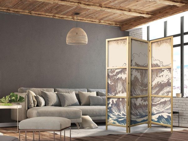 Paravent japonais - Turbulent Ocean - High Waves in Brown and Navy on a Beige Background in Vintage Style