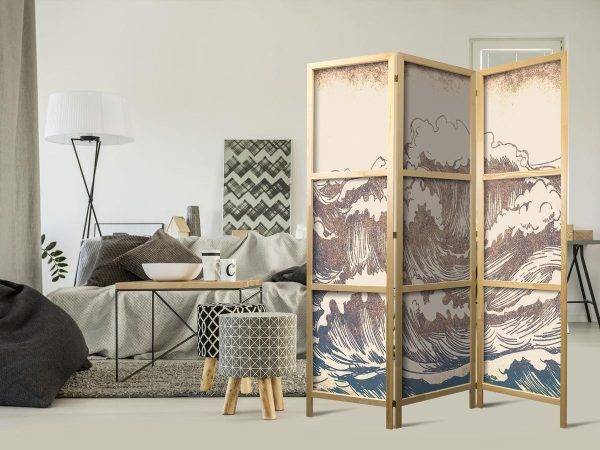 Paravent japonais - Turbulent Ocean - High Waves in Brown and Navy on a Beige Background in Vintage Style