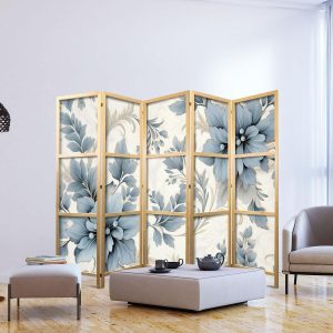 Paravent japonais - Turquoise Flowers in Retro Ambiance - Floral Ornaments