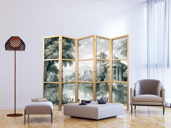 Paravent japonais - View of the Park and Lake - Retro Vintage Landscape in Greens