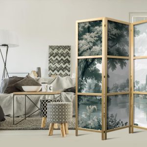 Paravent japonais - View of the Park and Lake - Retro Vintage Landscape in Greens