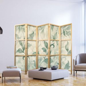 Paravent japonais - Watercolor Botanical Motif - Delicate Green-Beige Leaves