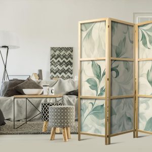 Paravent japonais - Watercolor Botanical Motif - Delicate Green-Beige Leaves