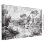 Tableau - Black and White Vintage Landscape Retro View of a Pond with a Boat