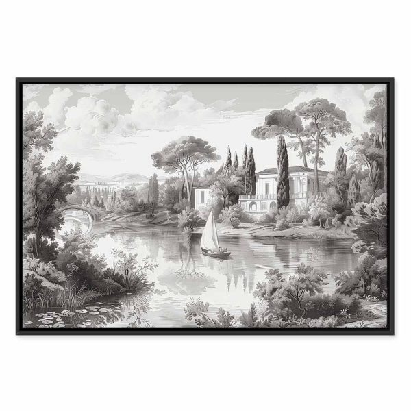 Tableau - Black and White Vintage Landscape Retro View of a Pond with a Boat