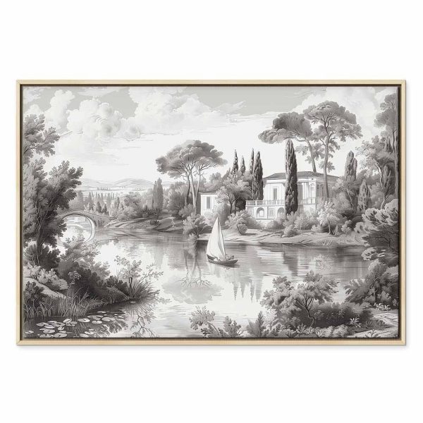 Tableau - Black and White Vintage Landscape Retro View of a Pond with a Boat