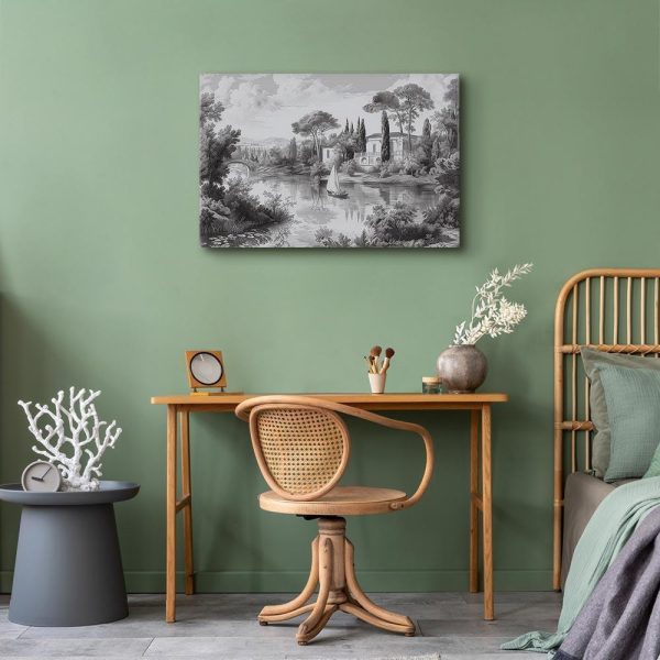 Tableau - Black and White Vintage Landscape Retro View of a Pond with a Boat