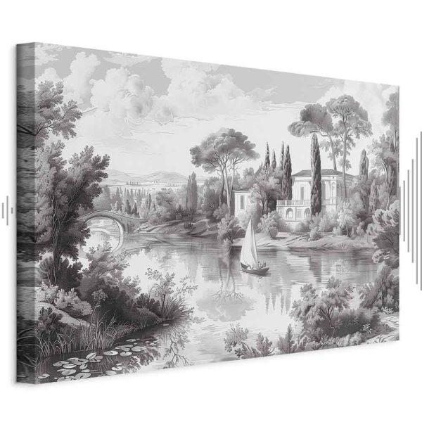 Tableau - Black and White Vintage Landscape Retro View of a Pond with a Boat