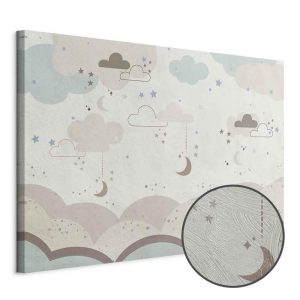 Tableau - Cloudy Night Sky - Moons in Brown and Beige Hues Among Clouds and Numerous Little Stars on a Light Background