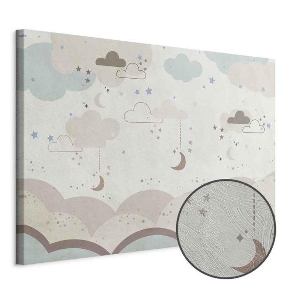 Tableau - Cloudy Night Sky - Moons in Brown and Beige Hues Among Clouds and Numerous Little Stars on a Light Background
