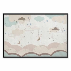 Tableau - Cloudy Night Sky - Moons in Brown and Beige Hues Among Clouds and Numerous Little Stars on a Light Background