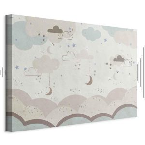 Tableau - Cloudy Night Sky - Moons in Brown and Beige Hues Among Clouds and Numerous Little Stars on a Light Background