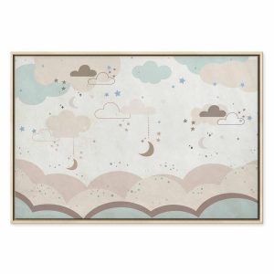 Tableau - Cloudy Night Sky - Moons in Brown and Beige Hues Among Clouds and Numerous Little Stars on a Light Background