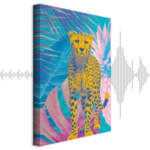 Tableau - Exotic Leopard - Colorful Portrait of a Cheetah Against Tropical Leaves