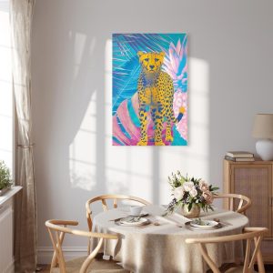 Tableau - Exotic Leopard - Colorful Portrait of a Cheetah Against Tropical Leaves