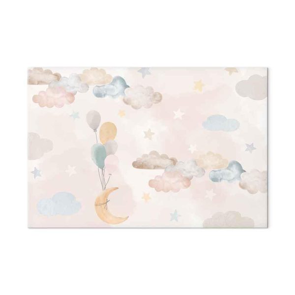 Tableau - Fairy-Tale Moon - Pastel Moon with Balloons Among Colorful Clouds and Stars in Subdued Colors on a Light Background