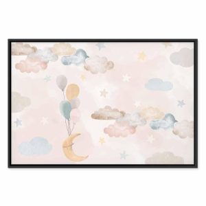 Tableau - Fairy-Tale Moon - Pastel Moon with Balloons Among Colorful Clouds and Stars in Subdued Colors on a Light Background