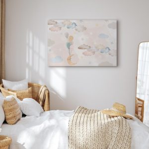 Tableau - Fairy-Tale Moon - Pastel Moon with Balloons Among Colorful Clouds and Stars in Subdued Colors on a Light Background