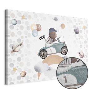 Tableau - Galactic Races - A Bear Participating in Car Races Among Planets Clouds and Stars in Pastel Hues