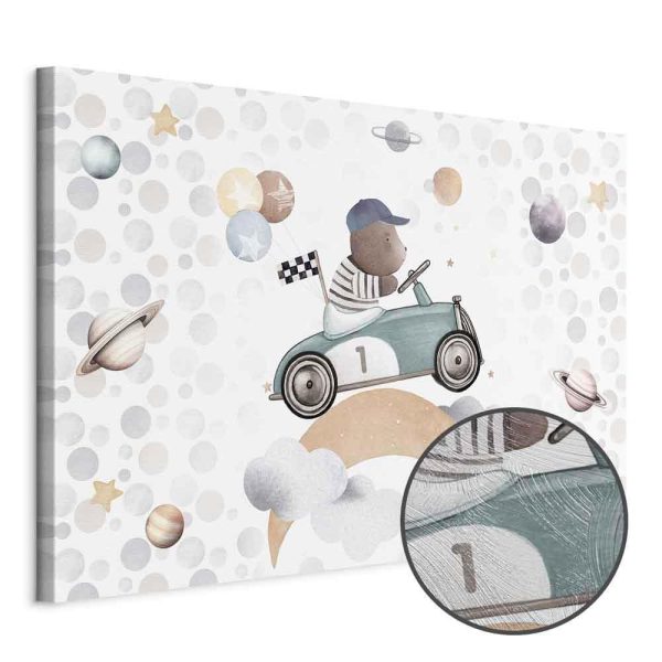 Tableau - Galactic Races - A Bear Participating in Car Races Among Planets Clouds and Stars in Pastel Hues