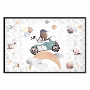 Tableau - Galactic Races - A Bear Participating in Car Races Among Planets Clouds and Stars in Pastel Hues
