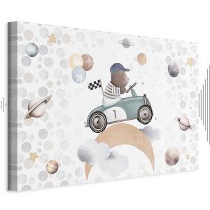 Tableau - Galactic Races - A Bear Participating in Car Races Among Planets Clouds and Stars in Pastel Hues