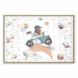 Tableau - Galactic Races - A Bear Participating in Car Races Among Planets Clouds and Stars in Pastel Hues