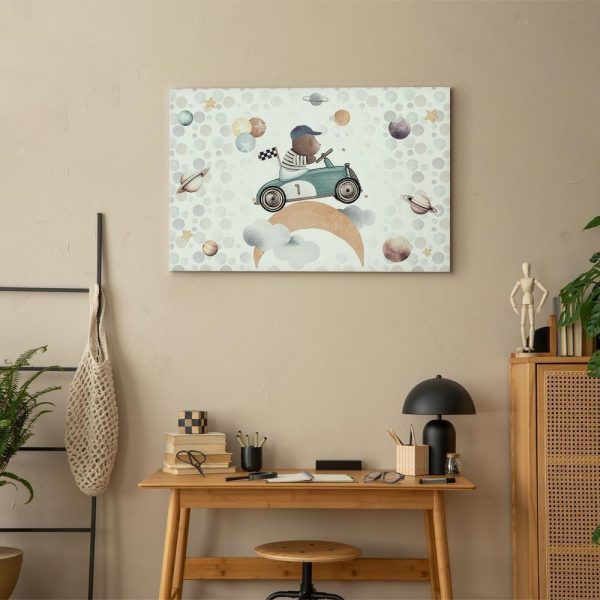 Tableau - Galactic Races - A Bear Participating in Car Races Among Planets Clouds and Stars in Pastel Hues