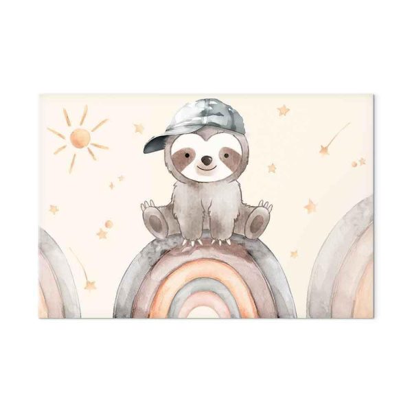Tableau - Happy Sloth - Sloth in Subdued Colors Wearing a Cap Sitting on a Rainbow Among Little Stars