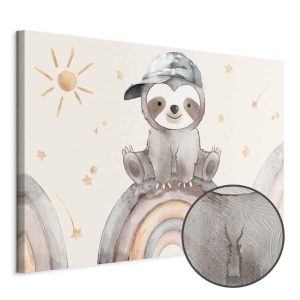 Tableau - Happy Sloth - Sloth in Subdued Colors Wearing a Cap Sitting on a Rainbow Among Little Stars