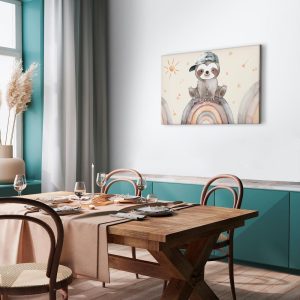 Tableau - Happy Sloth - Sloth in Subdued Colors Wearing a Cap Sitting on a Rainbow Among Little Stars