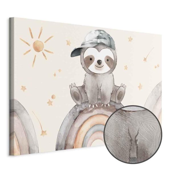 Tableau - Happy Sloth - Sloth in Subdued Colors Wearing a Cap Sitting on a Rainbow Among Little Stars