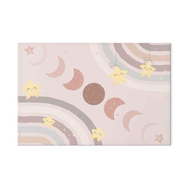 Tableau - Joyful Sky - Yellow Cheerful Stars with a Rainbow Against the Phases of the Moon in a Light Beige Sky Hue