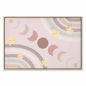 Tableau - Joyful Sky - Yellow Cheerful Stars with a Rainbow Against the Phases of the Moon in a Light Beige Sky Hue
