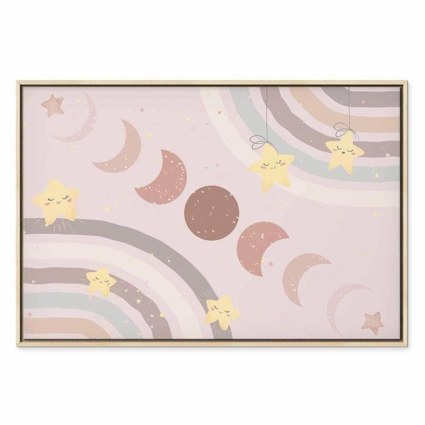 Tableau - Joyful Sky - Yellow Cheerful Stars with a Rainbow Against the Phases of the Moon in a Light Beige Sky Hue