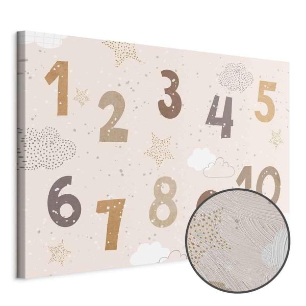 Tableau - Jumping Numbers - Numbers in a Subdued Beige-Brown Hue Among Snowflakes Stars and Clouds