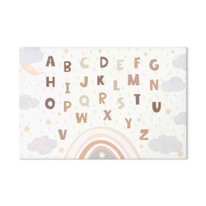 Tableau - Letters Above the Rainbow - Letters Among Streams of Rain and Clouds with a Rainbow Moon and Stars on a Light Background