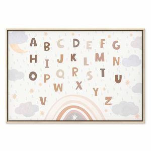 Tableau - Letters Above the Rainbow - Letters Among Streams of Rain and Clouds with a Rainbow Moon and Stars on a Light Background