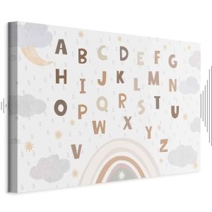 Tableau - Letters Above the Rainbow - Letters Among Streams of Rain and Clouds with a Rainbow Moon and Stars on a Light Background