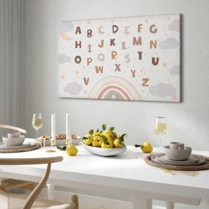 Tableau - Letters Above the Rainbow - Letters Among Streams of Rain and Clouds with a Rainbow Moon and Stars on a Light Background