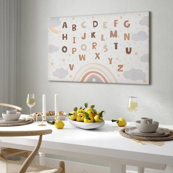 Tableau - Letters Above the Rainbow - Letters Among Streams of Rain and Clouds with a Rainbow Moon and Stars on a Light Background