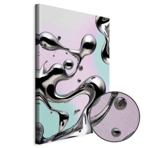 Tableau - Metallic Fluidity - Abstract Silver Forms on a Mint-Purple Background