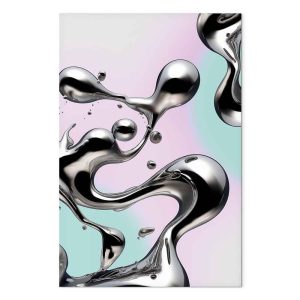 Tableau - Metallic Fluidity - Abstract Silver Forms on a Mint-Purple Background