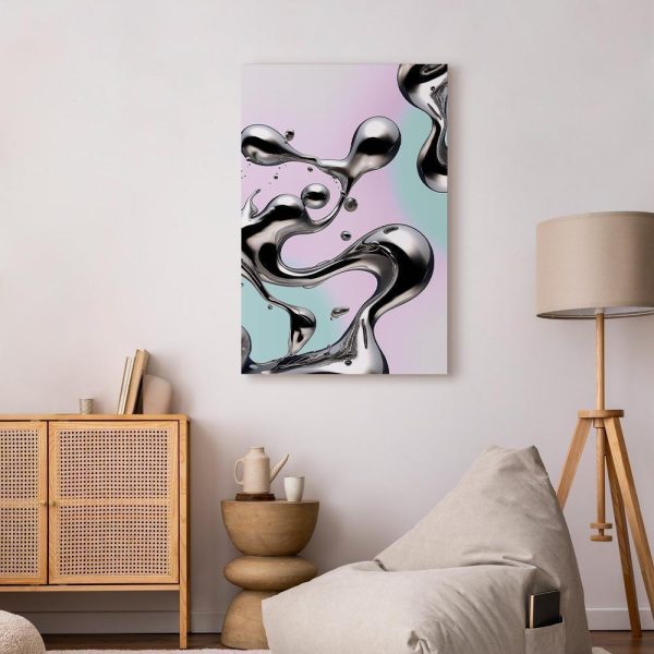 Tableau - Metallic Fluidity - Abstract Silver Forms on a Mint-Purple Background