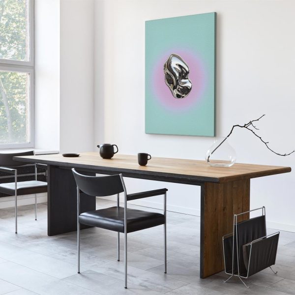 Tableau - Metallic Form - Abstract Sculpture on a Mint Background with a Purple Halo