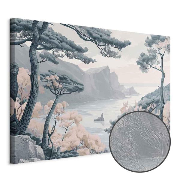 Tableau - Mountainous Coast with Trees and Rocks in Light Pastel Blues