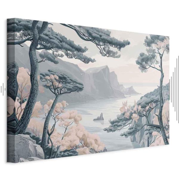 Tableau - Mountainous Coast with Trees and Rocks in Light Pastel Blues