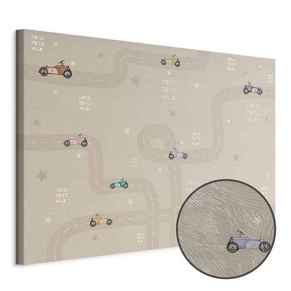 Tableau - Race - Colorful Cars on a Road on a Beige Background with Inscriptions